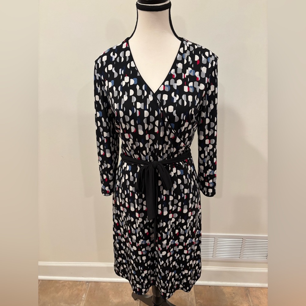 WHBM Faux Wrap Reversible Long Sleeve Jersey Dress-Black and Geometric, S - Picture 2 of 13